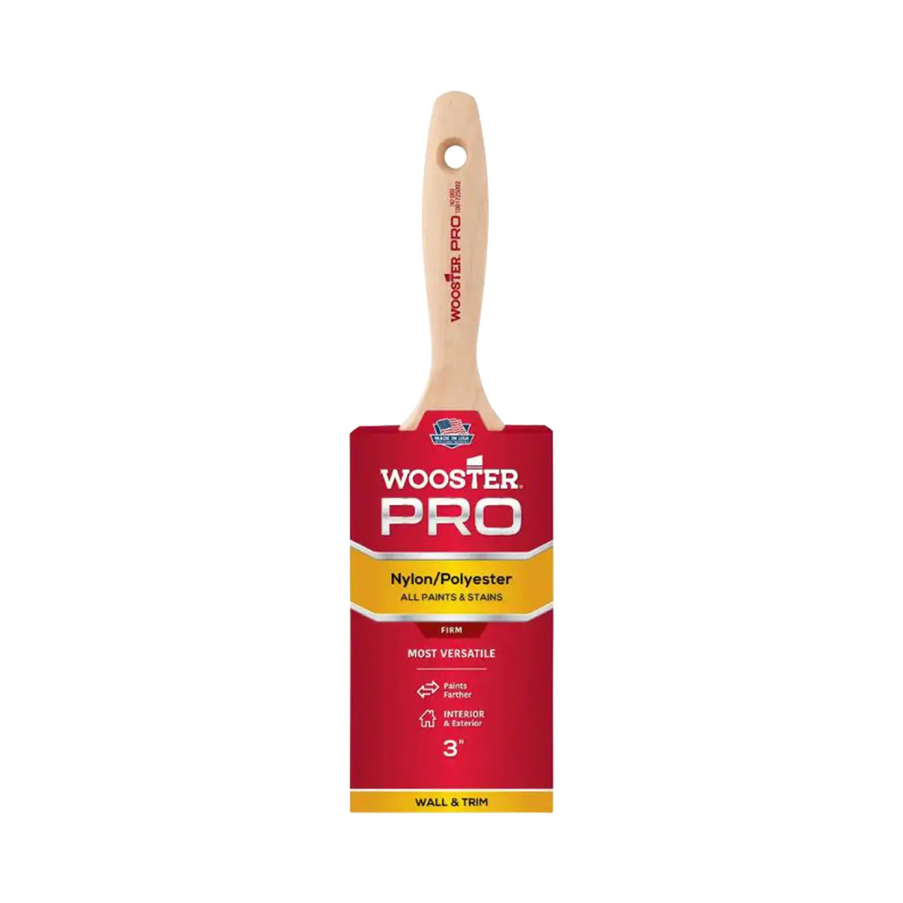The 3 in. Pro Nylon/Polyester Flat Brush by Go Build features a hardwood handle, red/yellow packaging, and is suitable for all paints and stains. Crafted from nylon/polyester, its versatile design is perfect for both wall and trim work.