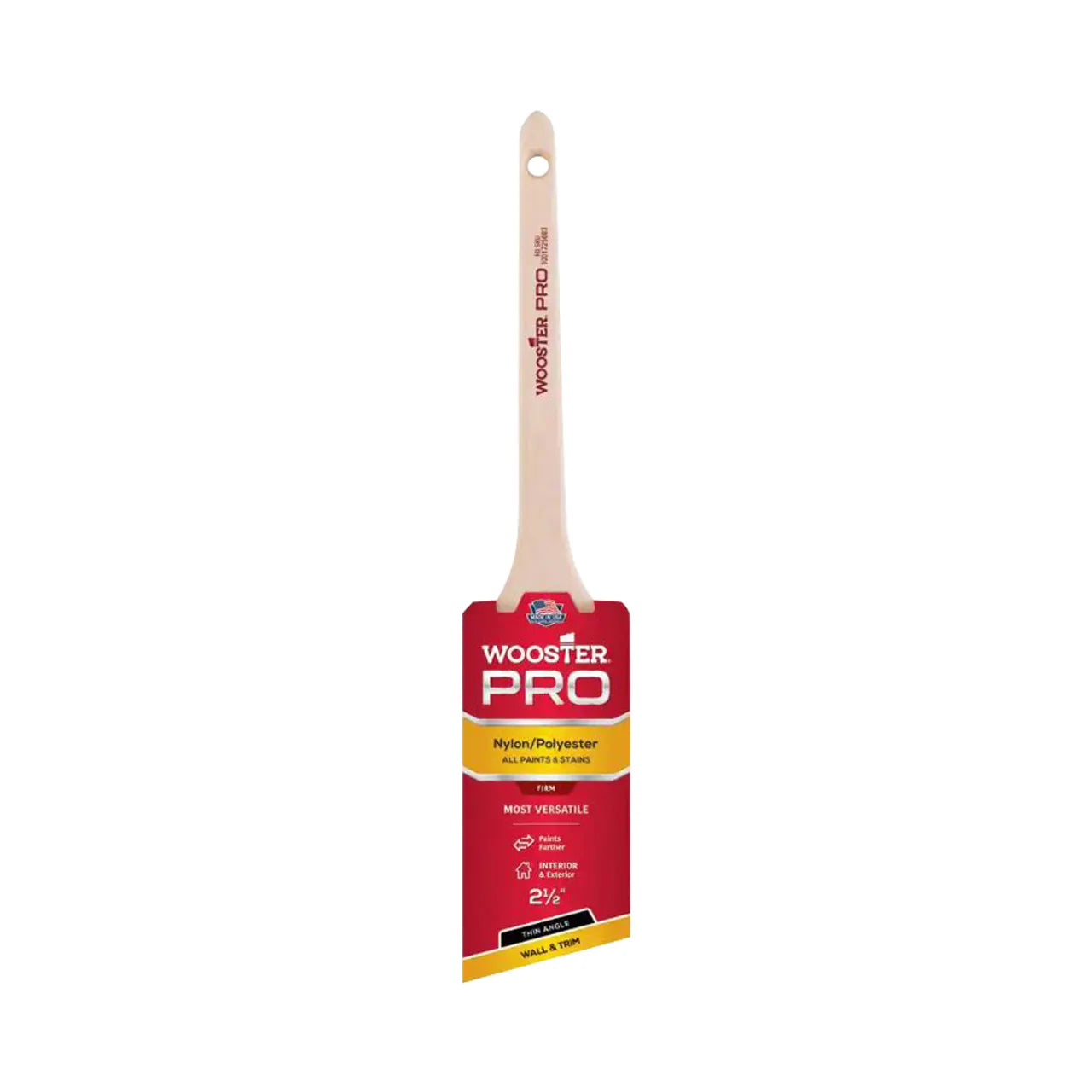 A 2-1/2 in. Pro Nylon/Polyester Thin Angle Sash Brush from Go Build, The Fastest Way To Build, featuring a light wooden handle and red label with Wooster Pro in white. The Nylon/Polyester brush has a brown bristle section for precision with its thin angled edge and is noted as Most Versatile.