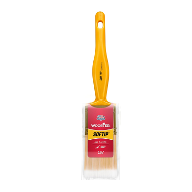 The WOOSTER Softip paintbrush has a bright yellow handle and features a white nylon/gold polyester blend. Its packaging showcases red and yellow hues, highlighting the brand and brush type for precision painting.