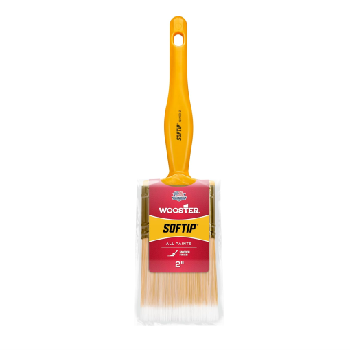 The WOOSTER Softip White Nylon/Gold Polyester Blend Paint Brush offers premium bristles with a yellow handle for precision painting and excellent coverage, giving users a Silver Tip Paint Brush experience.