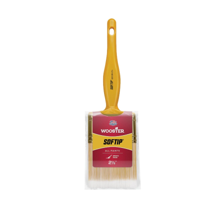 The Wooster Softip paintbrush has a yellow handle and premium white nylon/gold polyester bristles, labeled All Paints, sized at 2 1/2, and features a lighthouse logo, ideal for precision painting.