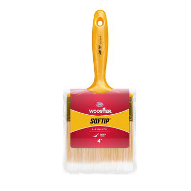 The WOOSTER Softip brush boasts white nylon and gold polyester bristles with a yellow handle marked All Paints. Its 4-inch width and vibrant red-yellow packaging are crafted for precision painting, ensuring a flawless finish.