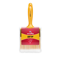 The WOOSTER Softip brush boasts white nylon and gold polyester bristles with a yellow handle marked All Paints. Its 4-inch width and vibrant red-yellow packaging are crafted for precision painting, ensuring a flawless finish.