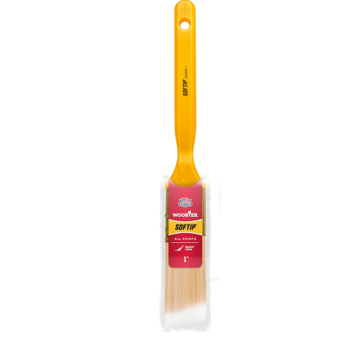 The WOOSTER Softip features a yellow handle, white nylon/gold polyester bristles, and is a 1-inch brush suitable for all paints. It offers professional quality similar to the Silver Tip Paint Brush and is shown on a white background.