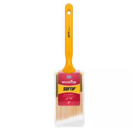 A WOOSTER Softip paintbrush, featuring white nylon and gold polyester blend bristles with a yellow handle, is displayed against a white background. Ideal for precision painting, it is suitable for use with all paints.