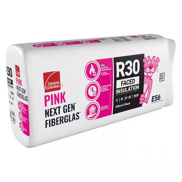 A package of Go Build Supply’s OWENS CORNING R30 24 in. x 48 in. Faced Fiberglass Insulation Batt (88 SQ FT) offers reliable fire resistance, energy efficiency, and noise control for your projects.