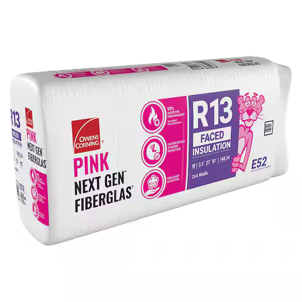 A package of Owens Corning R13 23 in. x 93 in. Kraft Faced Insulation Batt 149SQ FT for 2x4 walls, featuring the Pink Panther and icons showing fire resistance, energy savings, and sound control on a white and pink wrapper.