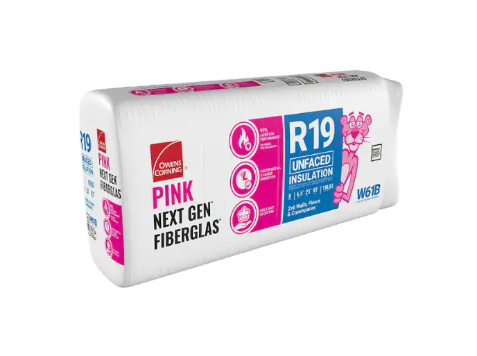 A package of Owens Corning OWENS CORNING R19 23 in. x 93 in. Unfaced Fiberglass Insulation Batt 119SQ, mostly white with pink accents and the Pink Panther mascot on the packaging.