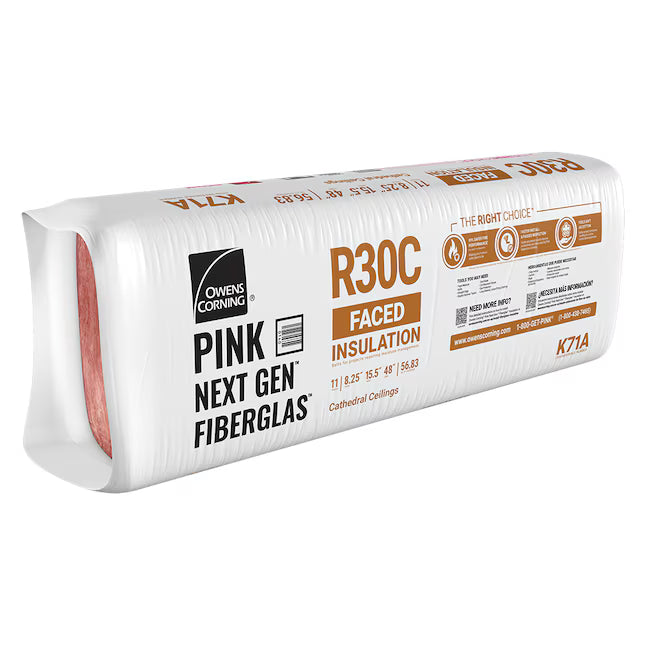 A sealed package of Owens Corning R30C 15.5 in. x 48 in. Cathedral Ceiling Kraft Faced Fiberglass Insulation Batt (57 sq ft). The white and orange packaging displays product details and specifications.