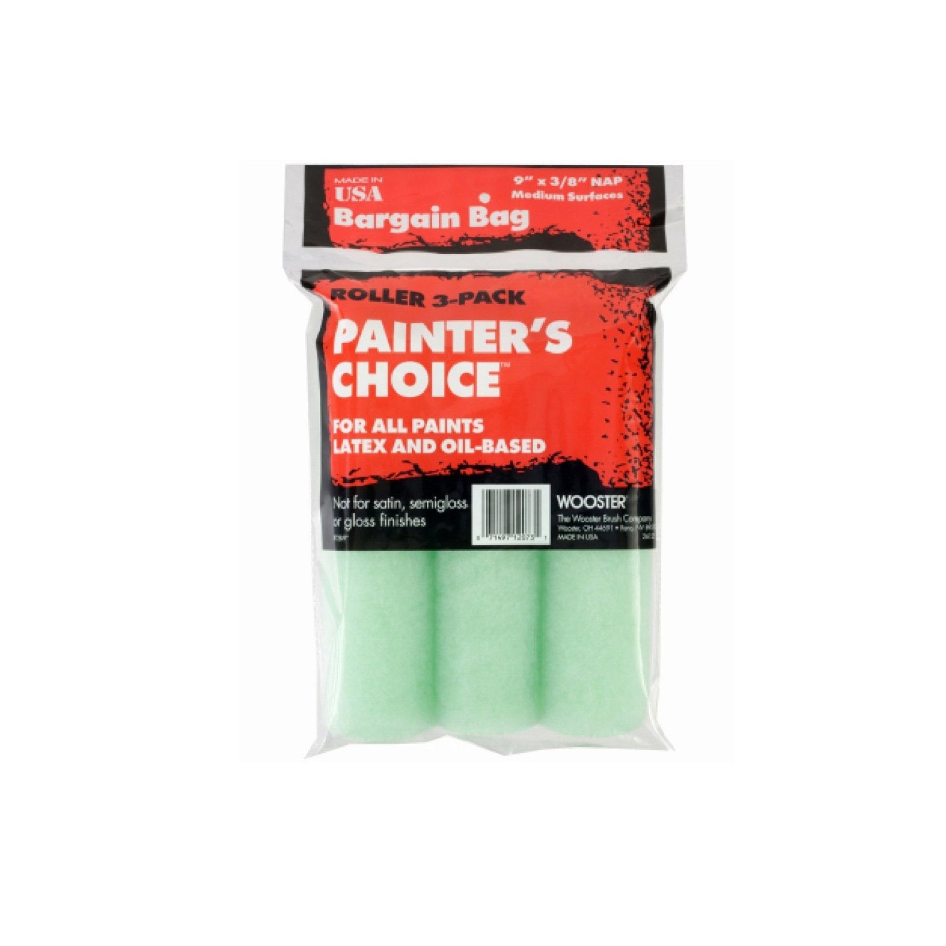 The WOOSTER R337-9 Painters Choice 9 x 3/8 paint roller cover comes in a set of three, with red and transparent packaging. Ideal for latex and oil-based paints, these rollers are not recommended for satin, semigloss, or gloss finishes.