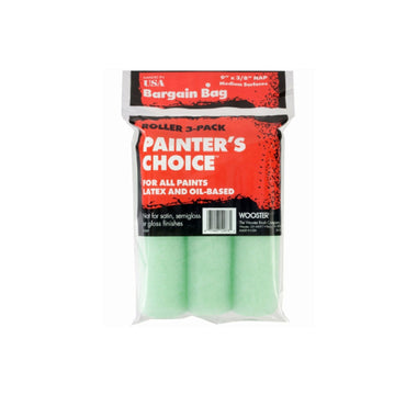 The WOOSTER R337-9 Painters Choice 9 x 3/8 paint roller cover comes in a set of three, with red and transparent packaging. Ideal for latex and oil-based paints, these rollers are not recommended for satin, semigloss, or gloss finishes.