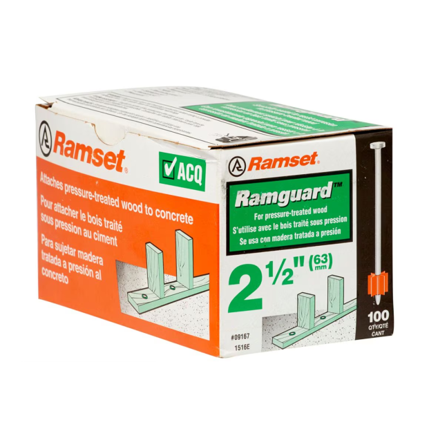 The RAMSET 1516E Ramguard 2-1/2 in. Drive Pins (100-Pack) from Ramset securely fasten pressure-treated wood to concrete. These drive pins are ACQ compatible, making them ideal for all your project needs.