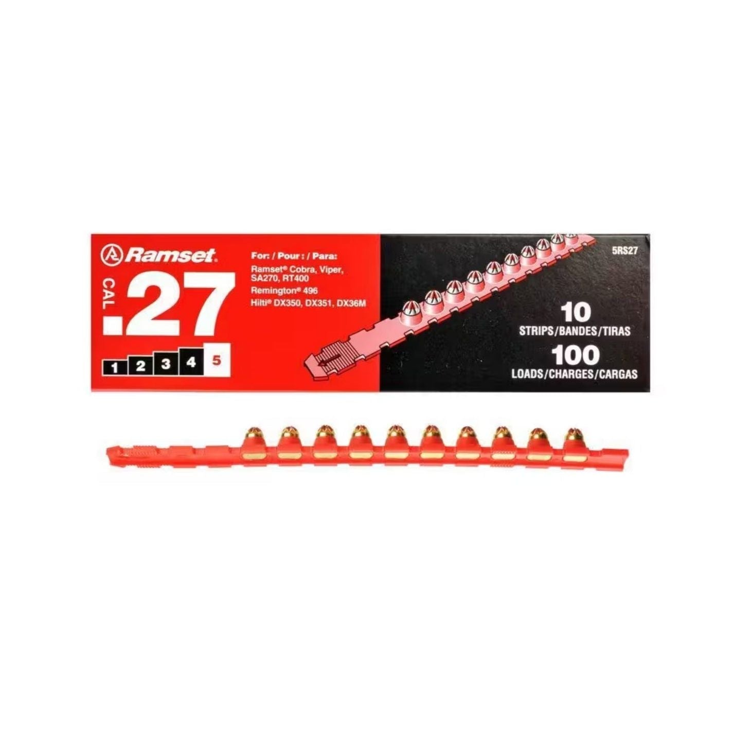The Ramset RAMSET 5RS27 0.27 Caliber Red Strip Loads (100-Pack) is perfect for construction, featuring 27 strip loads accommodating 10 sockets each, but lacks non-magnetic holders.