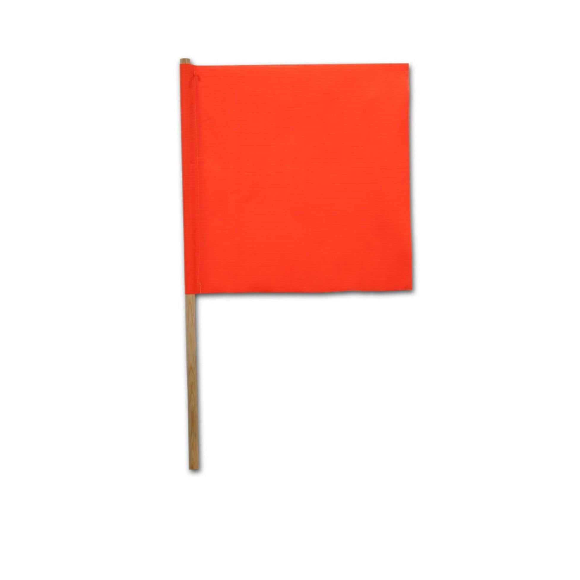 The RKI 24 in. Orange Vinyl Flag with Wood Handle by RKI is a safety tool featuring a small orange flag on a wooden stick, set against a plain white background, and crafted from durable vinyl.