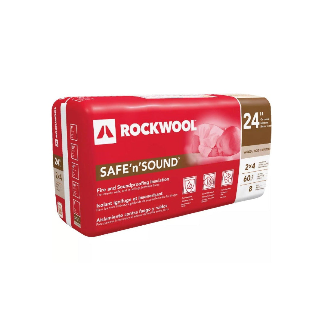 A package of ROCKWOOL RXSS323 Safe 'n' Sound stone wool insulation, 3 in. x 23 in. x 47 in., covers 60.05 sq. ft., with red and white branding—fire resistant and offers excellent soundproofing for your space.
