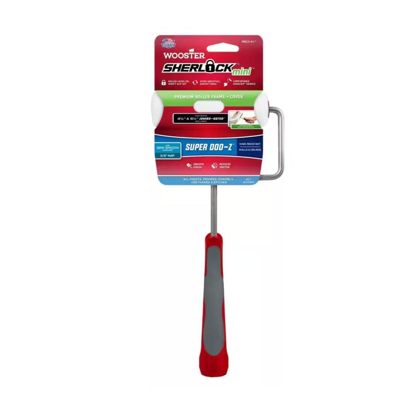 The WOOSTER RR113-4 1/2 Sherlock Mini Jumbo-Koter combines a red and grey handle with the Super Doo-Z for professional results, supporting 4.5 to 6.5 covers under the brand name Wooster Sherlock Mini.