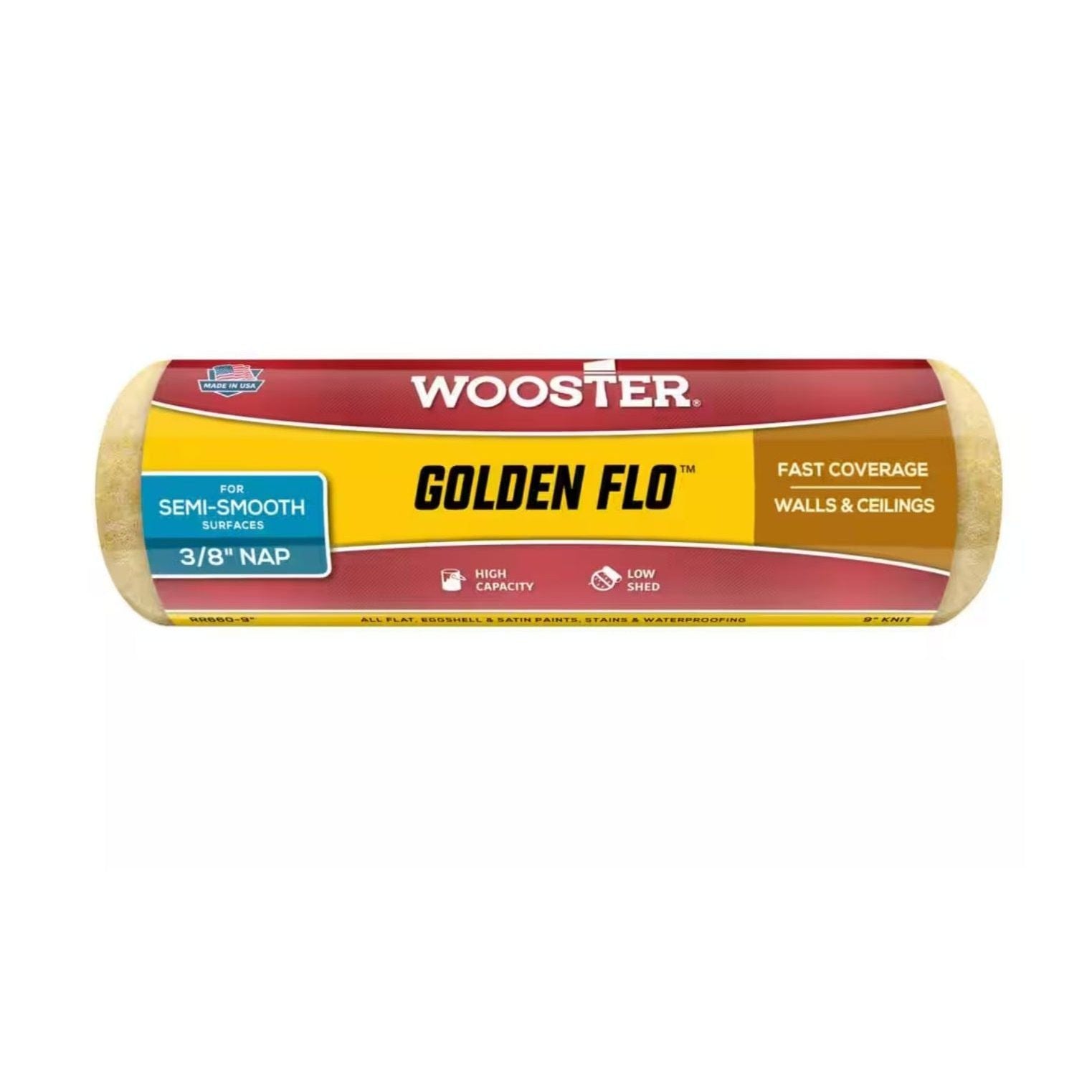 The WOOSTER Golden Flo 9 in. High Capacity Yellow Knit Paint Roller Cover, featuring a 3/8 nap and yellow knit fabric, is ideal for semi-smooth walls and ceilings. It offers fast coverage with low shed and features a vibrant red and yellow design.