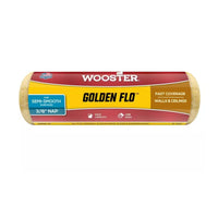 The WOOSTER Golden Flo 9 in. High Capacity Yellow Knit Paint Roller Cover, featuring a 3/8 nap and yellow knit fabric, is ideal for semi-smooth walls and ceilings. It offers fast coverage with low shed and features a vibrant red and yellow design.