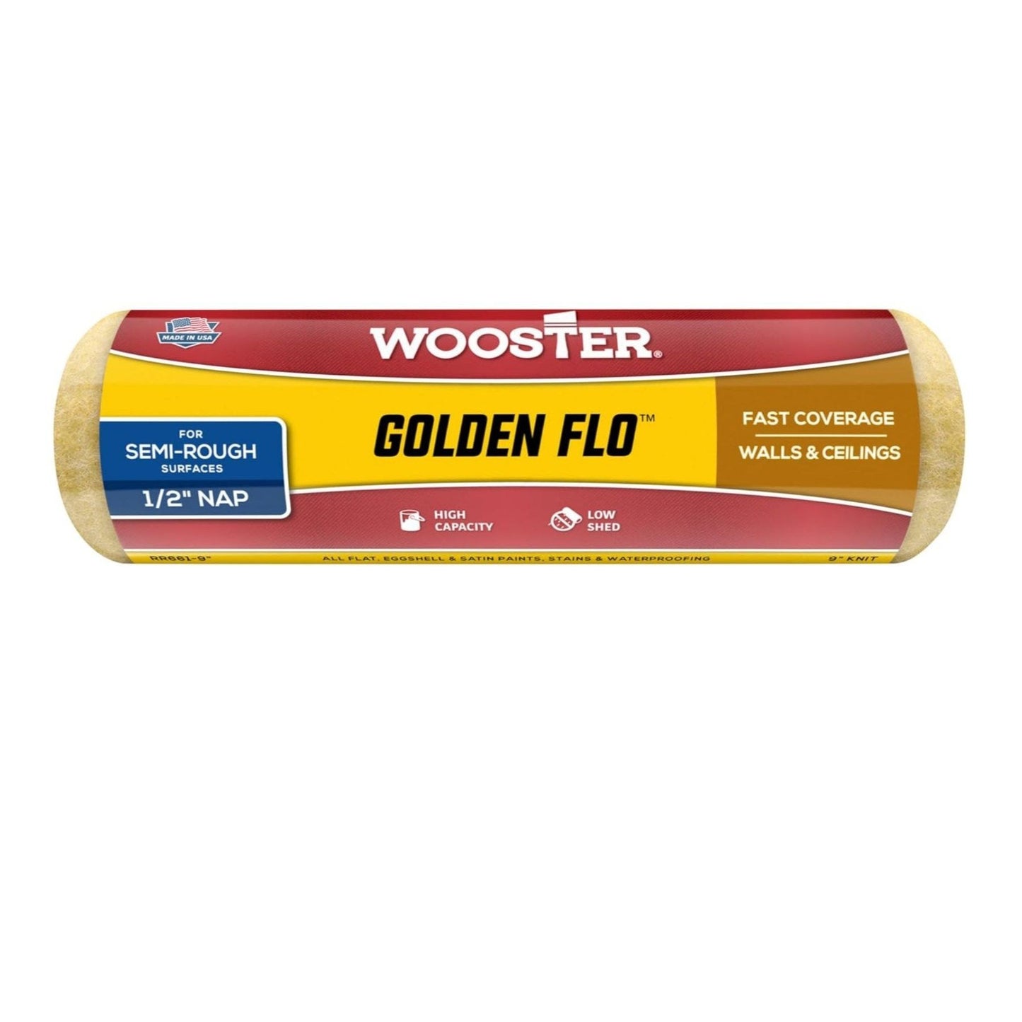 The WOOSTER Golden Flo 9 in. High Capacity Yellow Knit Paint Roller Cover features a 1/2 nap, ideal for semi-rough surfaces, delivering efficient coverage with low shed quality for walls and ceilings.
