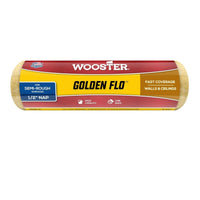 The WOOSTER Golden Flo 9 in. High Capacity Yellow Knit Paint Roller Cover features a 1/2 nap, ideal for semi-rough surfaces, delivering efficient coverage with low shed quality for walls and ceilings.