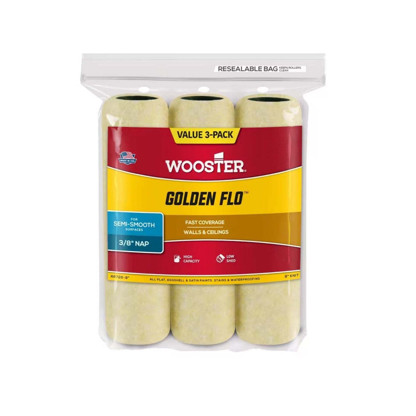 A resealable bag contains a 3-pack of WOOSTER Golden Flo 9 in. High Capacity Yellow Knit Paint Roller Covers, featuring a 3/8 nap ideal for semi-smooth surfaces and benefits like fast coverage, high capacity, and low shed.