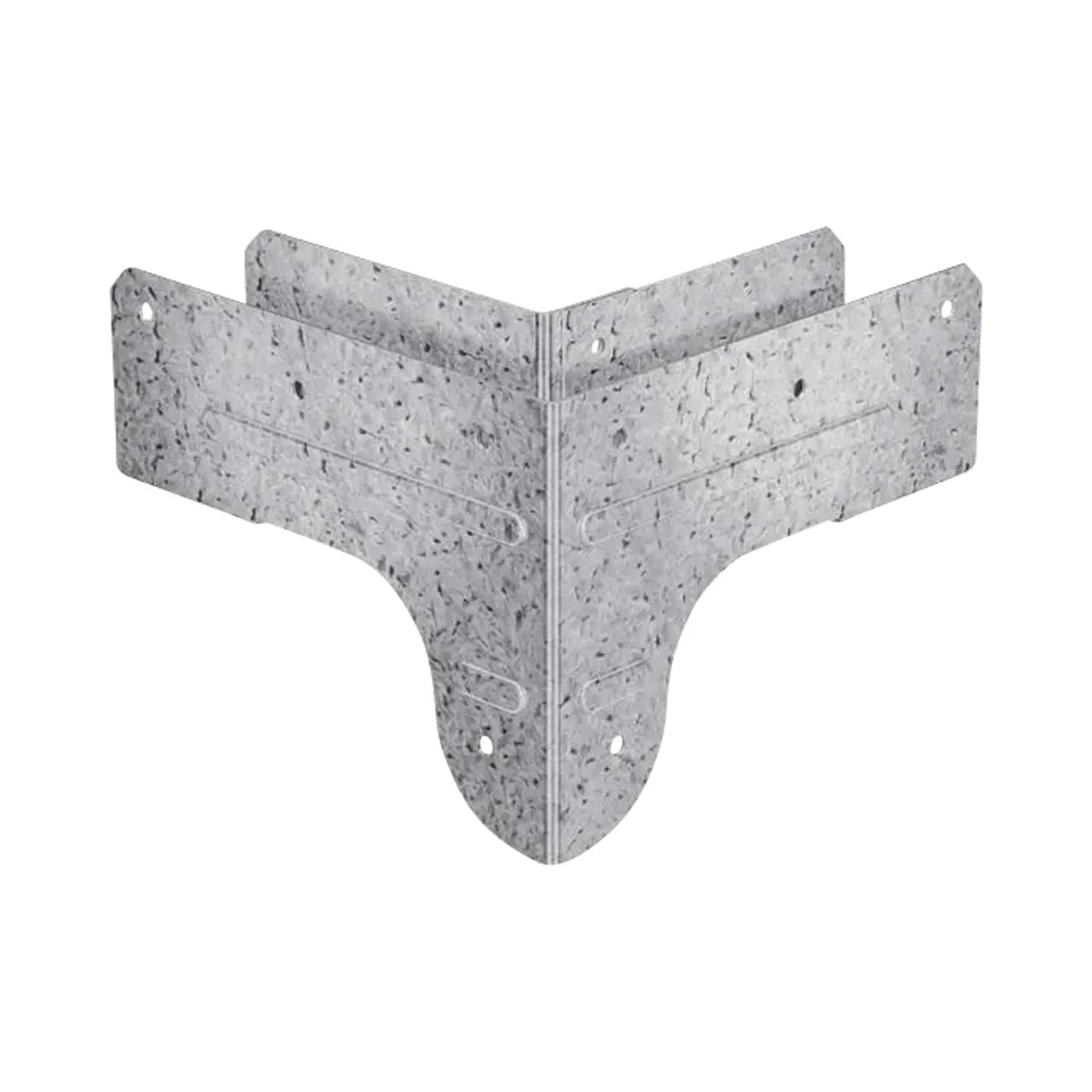 The Go Build RTC 18 Ga ZMAX Galvanized Rigid Tie Corner has numerous screw holes for secure right-angle joint of structural elements. Its speckled finish and symmetrical triangular design with rounded edges offer both durability and style.