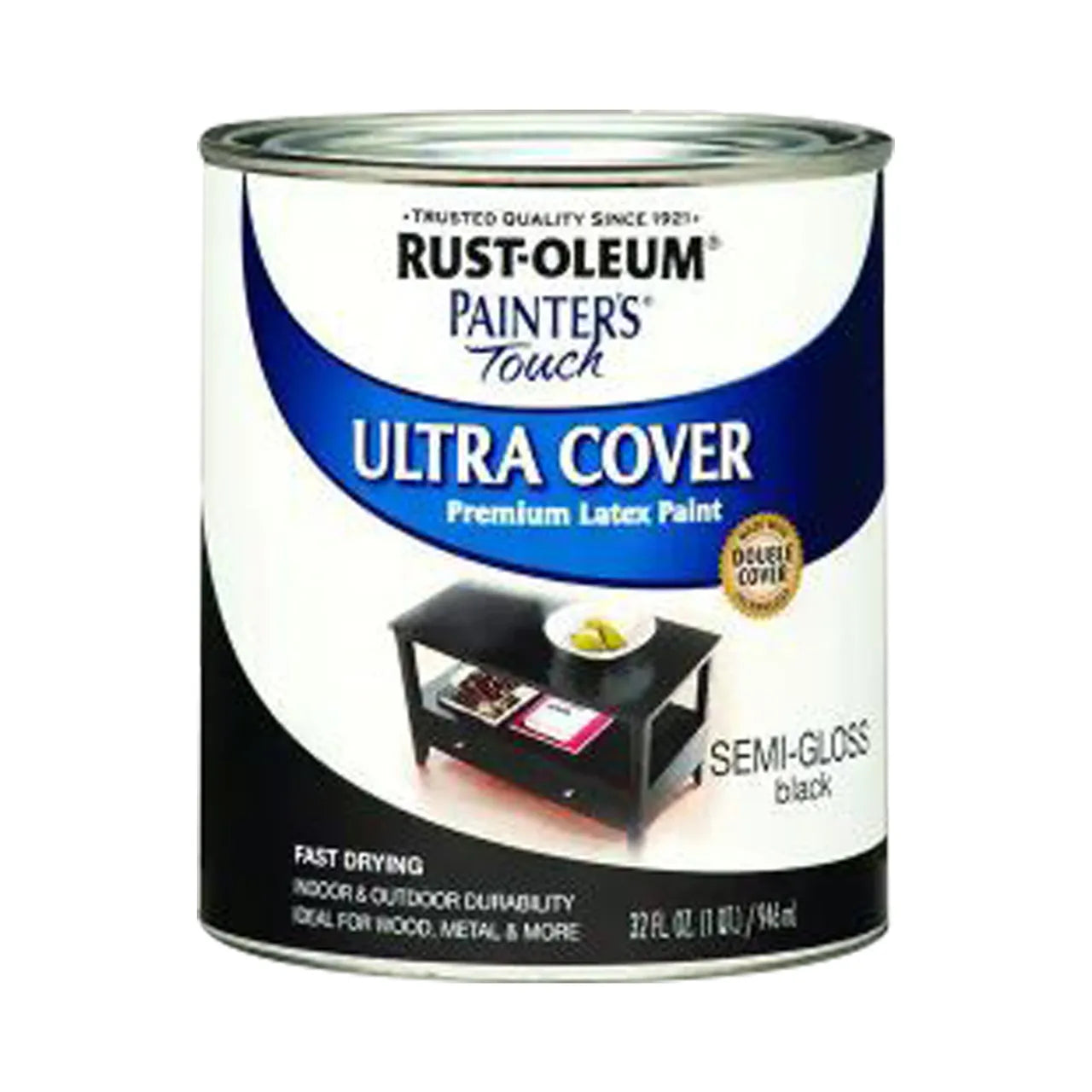 A 32 oz. can of Go Build, The Fastest Way To Build Ultra Cover Semi-Gloss General Purpose Paint in black, featuring a picture of a black table on the label.