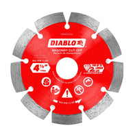 Picture of a Diablo DIABLO DMADS0450 4-1/2 in. Diamond Segmented Masonry Cut-Off Blade, detailed with industrial-grade diamonds and eight silver-edged segments. It measures 4-1/2 inches (115mm) in diameter, operates up to 13,280 RPM, and features icons illustrating longer cutting life and safety tips.