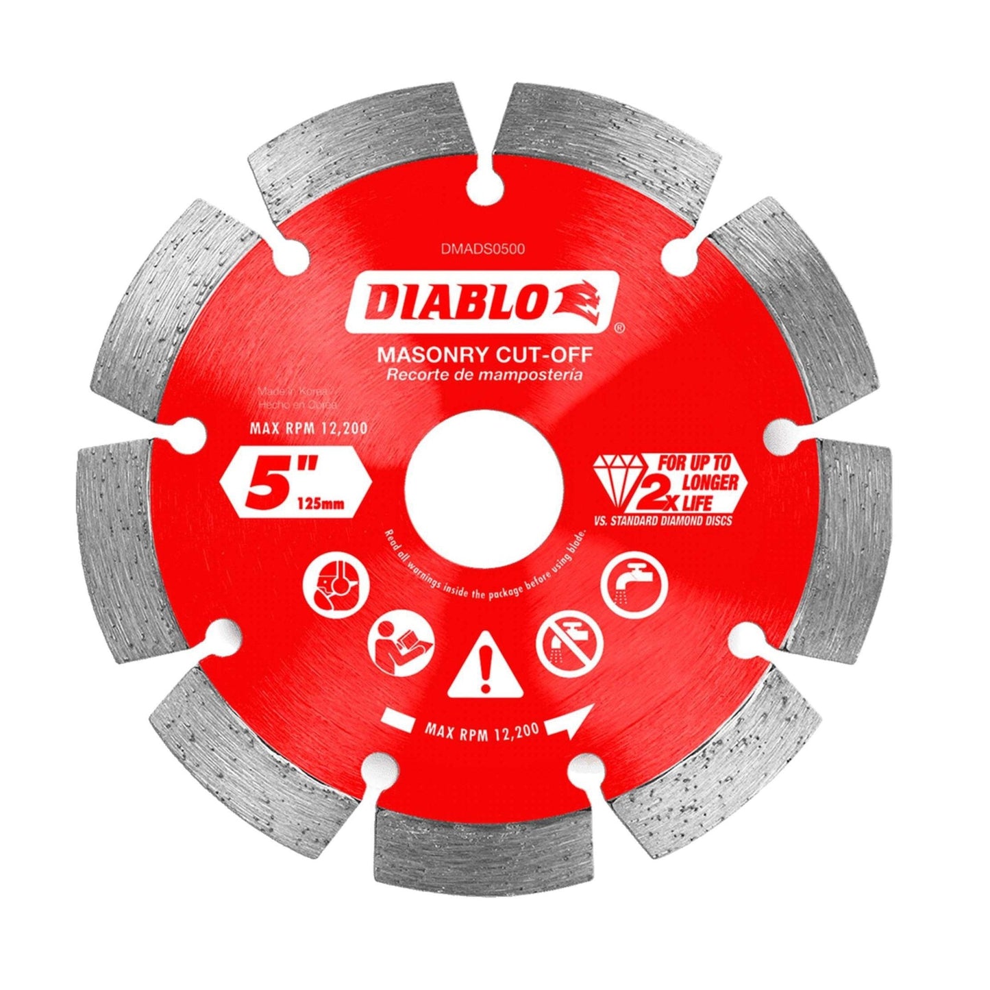 The DIABLO DMADS0500 is a red, 5-inch diamond-segmented masonry cut-off blade by Diablo. Designed for cutting concrete and similar materials, it features extreme durability at up to 12,200 RPM and includes safety and longevity icons for extended cutting life.