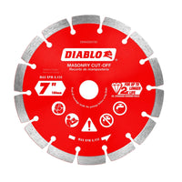 The DIABLO DMADS0700 is a red, 7-inch diamond segmented masonry cut-off blade by Diablo, featuring precise cutting with a max RPM of 8,450 and an extended cutting life compared to standard discs.