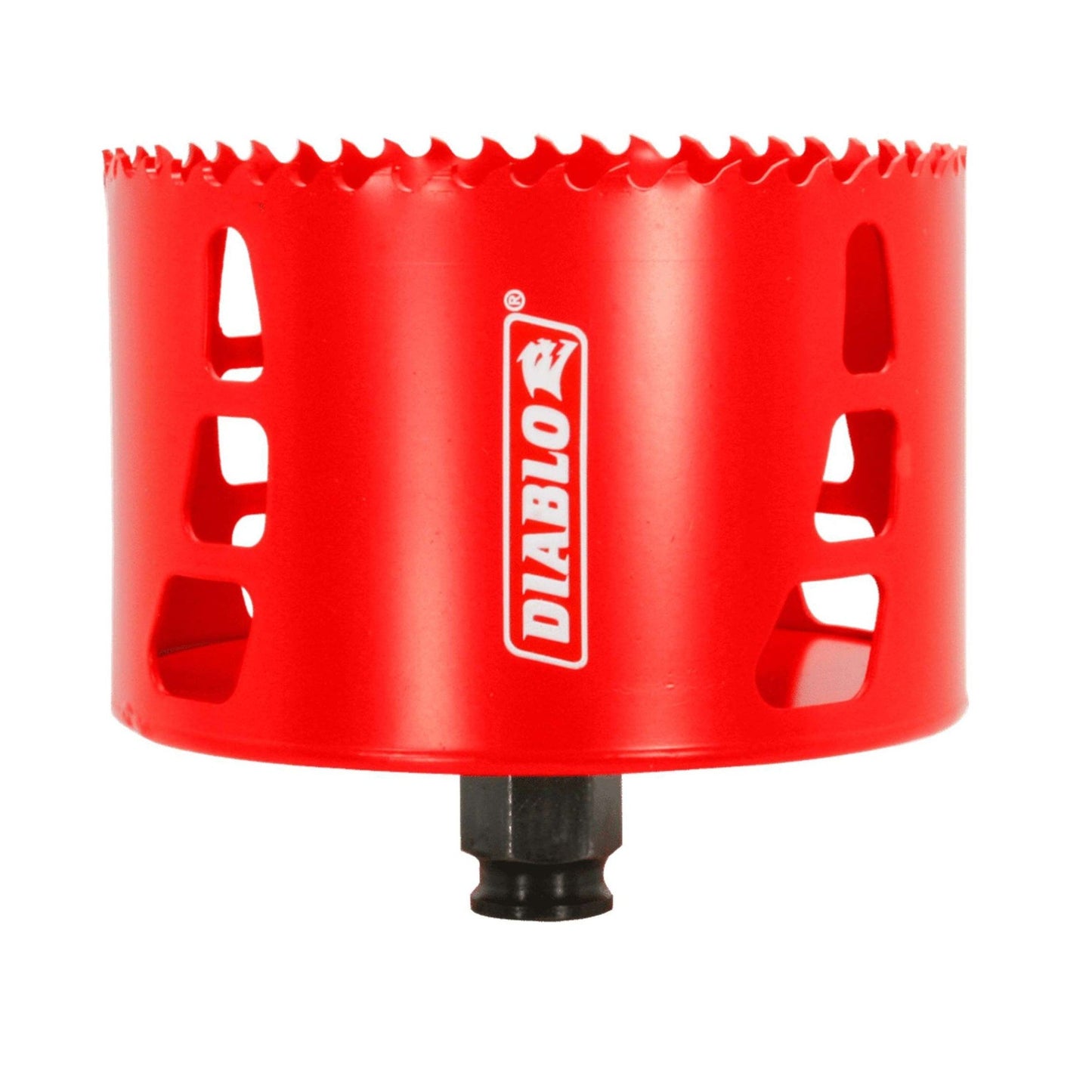 The DIABLO DHS4000 is a 4 in. x 2-3/8 in. high-performance hole saw featuring Diablos white logo, a red circular design with serrated edges, multiple side openings, and visible central mounting shaft. Its enhanced with a Variable Tooth Design for precision.