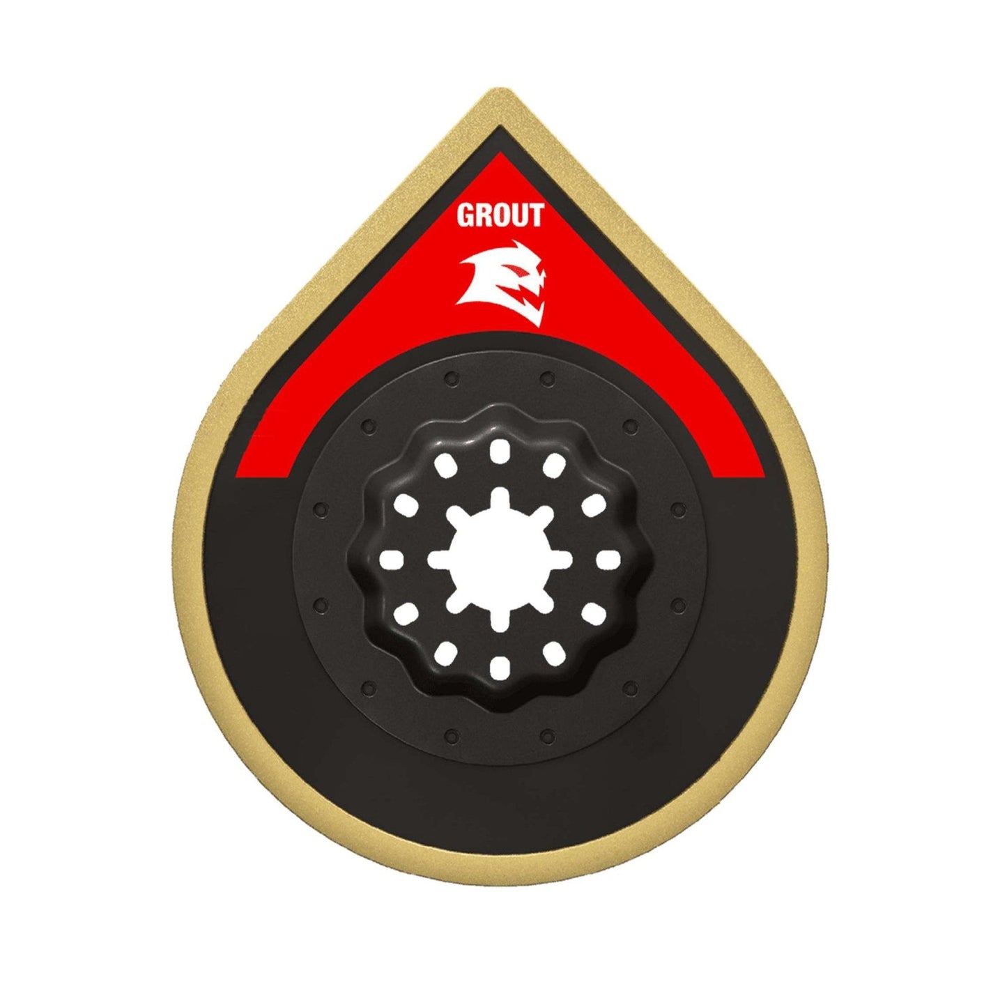 The Diablo DOSCGX 2-3/4 in. Starlock Carbide Grit Oscillating Sanding Blade features a circular, jagged-edged black design with a central hole, bordered by red and gold teardrops. It includes the GROUT label and a stylized white wolf logo on the red area, ensuring precision and power for grout removal.
