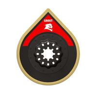 The Diablo DOSCGX 2-3/4 in. Starlock Carbide Grit Oscillating Sanding Blade features a circular, jagged-edged black design with a central hole, bordered by red and gold teardrops. It includes the GROUT label and a stylized white wolf logo on the red area, ensuring precision and power for grout removal.