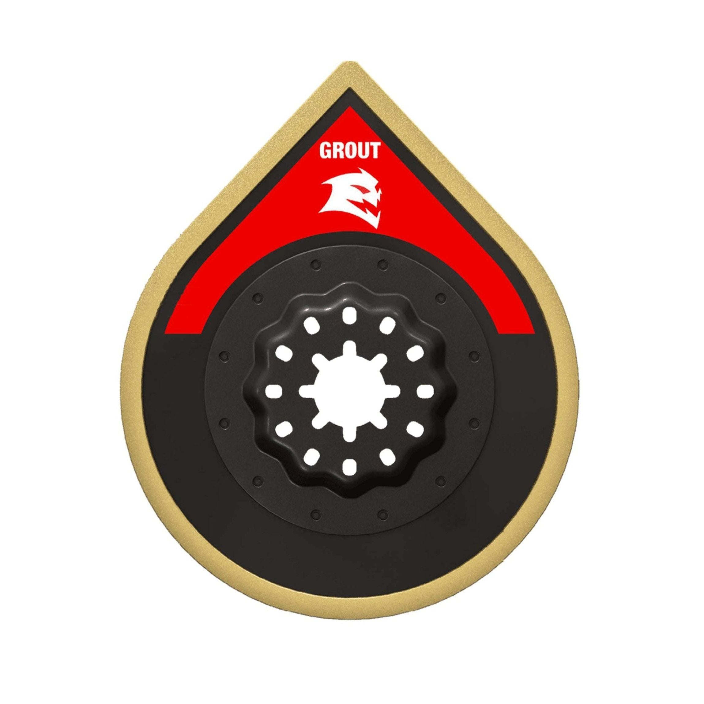 The Diablo DOSCGX 2-3/4 in. Starlock Carbide Grit Oscillating Sanding Blade features a circular, jagged-edged black design with a central hole, bordered by red and gold teardrops. It includes the GROUT label and a stylized white wolf logo on the red area, ensuring precision and power for grout removal.