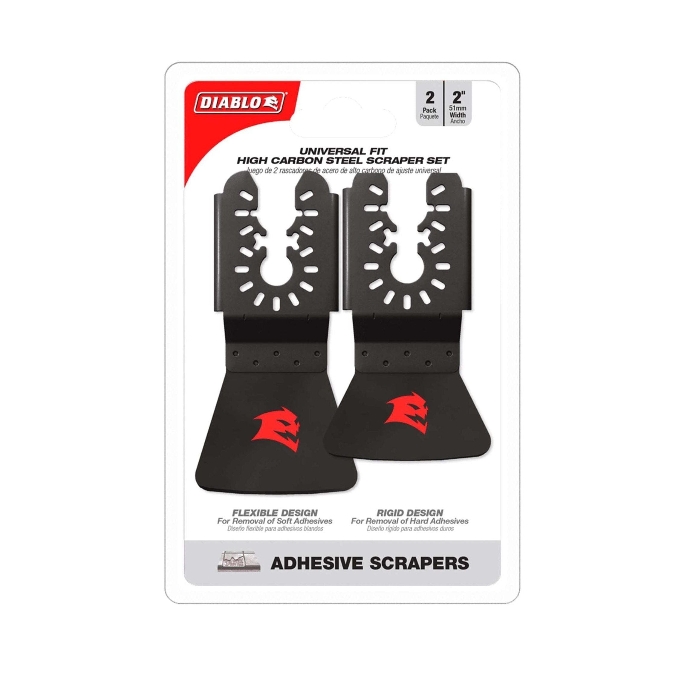 The packaging of the DIABLO DOUSCRP2 scraper set includes two black high carbon steel blades, red logo details, flexible and rigid scrapers, universal fit, and compatibility information.