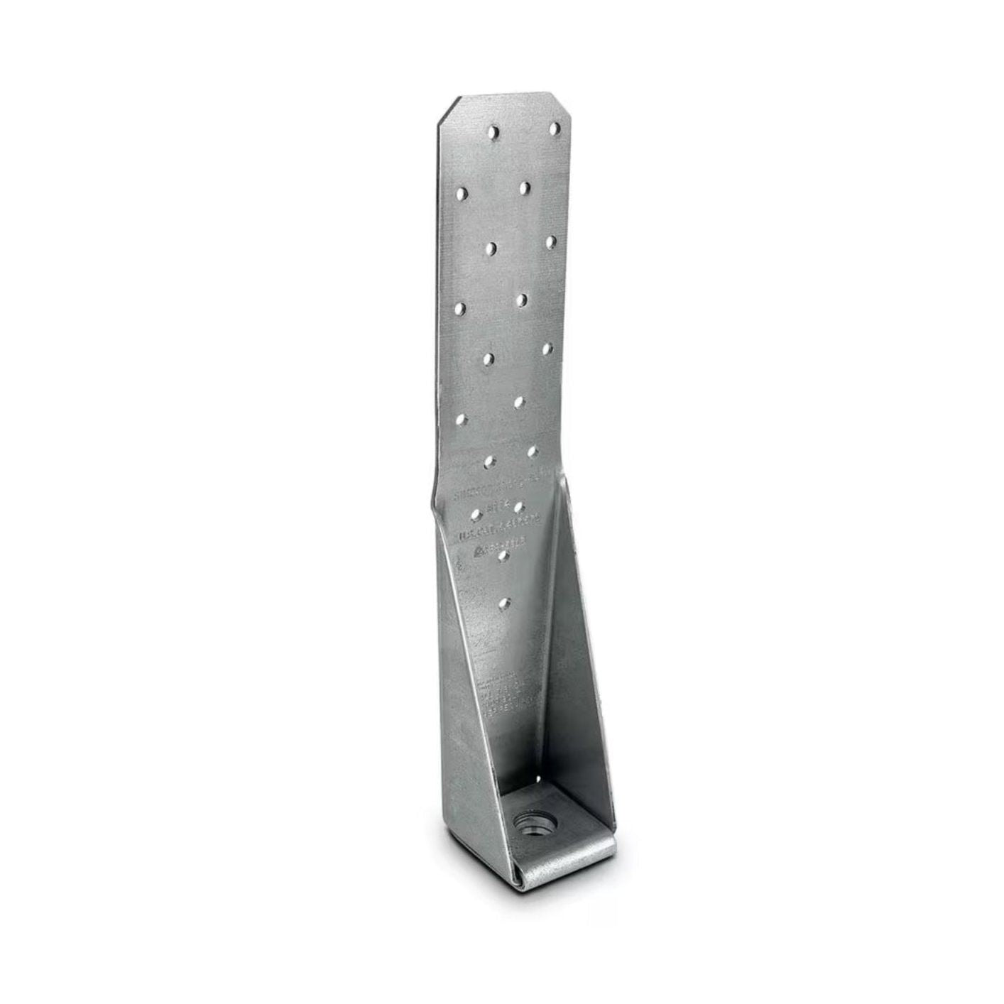 An angled view of the Simpson Strong-Tie HTT4 12-3/8 in. Galvanized Heavy Tension Tie reveals its silver metal design with perforations for screws, making it ideal for retrofit projects. The bracket features a long, narrow vertical section and a wider base engineered for secure fastening in construction applications, specifically suited for wood-to-concrete connections.