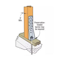 The illustration depicts the installation of a SIMPSON STRONG-TIE HTT4 12-3/8 in. Galvanized Heavy Tension Tie in concrete, emphasizing wood-to-concrete connections using a metal post base and anchor bolt. The diagram includes annotations on preservative-treated barriers, tension load considerations, and minimum spacing requirements relevant to retrofit projects.