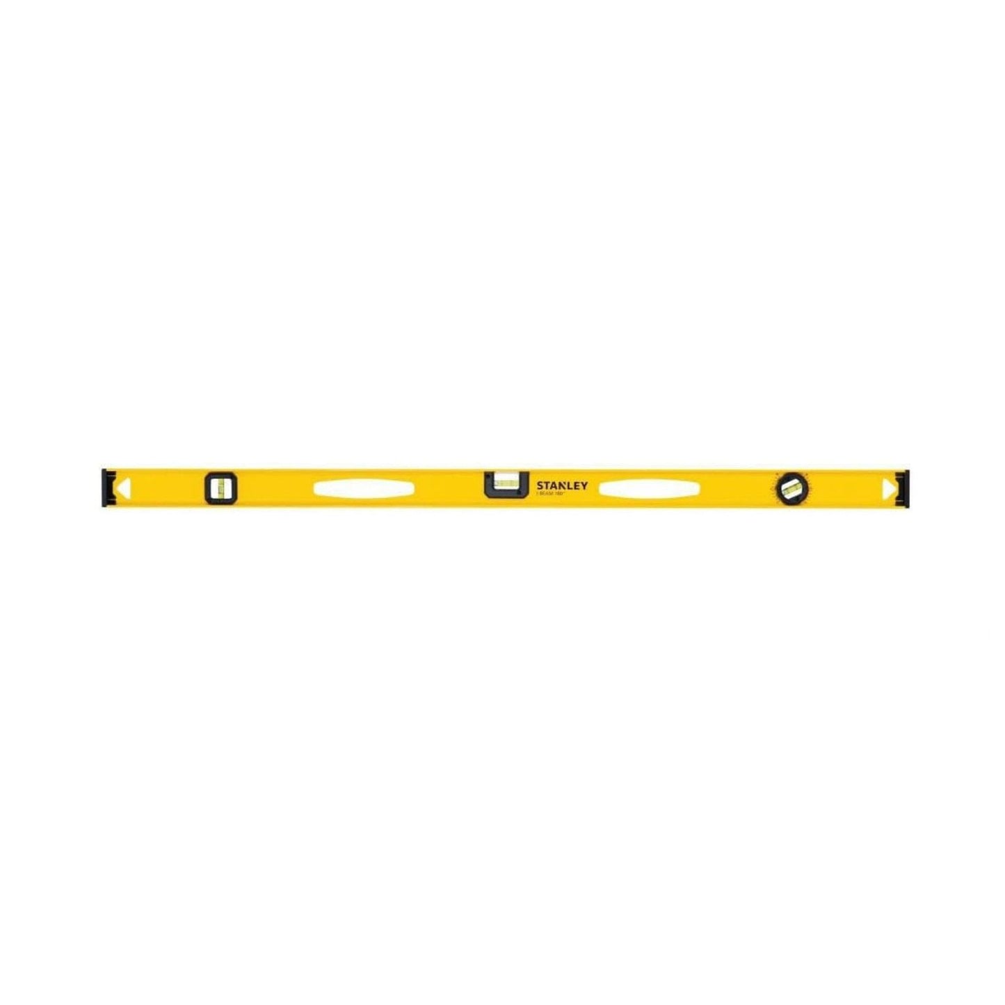 A STANLEY 42-328 48 in. heavy-duty yellow aluminum I-beam level with three bubble vials for horizontal, vertical, and 45-degree angles is positioned flat against a white background.