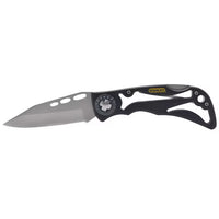 The STANLEY 7-1/4 in Skeleton Frame Pocket Knife features a partially serrated stainless steel blade and a black frame handle with cutout design, plus a STANLEY label near the hinge.