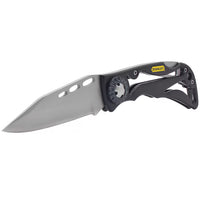 The STANLEY 7-1/4 in Skeleton Frame Pocket Knife features a partially open stainless steel blade, ergonomic black handle with logo, unique gear-shaped thumb screw for easy adjustment, and a lightweight skeleton frame design.