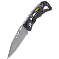 The 7-1/4 in STANLEY Skeleton Frame Pocket Knife features a silver, partially open blade with holes for a skeleton frame look, black handle, and visible brand logo in a modern, lightweight ergonomic design.