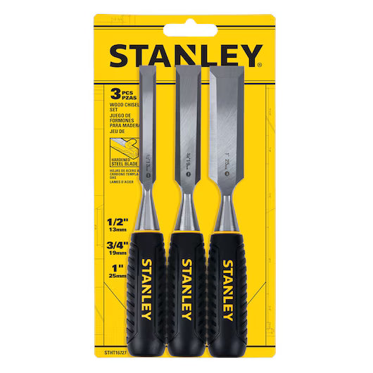 The STANLEY® WOOD CHISEL 3PC. SET (13, 19, 25MM) includes three chisels with black and yellow handles, each size clearly labeled on both the tools and packaging.