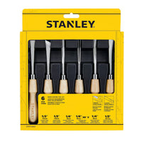 The STANLEY 6 PC WOOD CARVING TOOL SET includes chisels and gouges with wooden handles and metal blades, arranged vertically in a yellow package—ideal for woodworking projects.