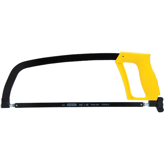 The STANLEY® D-Shape Hacksaw by STANLEY features a durable steel frame, black blade, and bright yellow handle, designed for precise metal and material cutting.