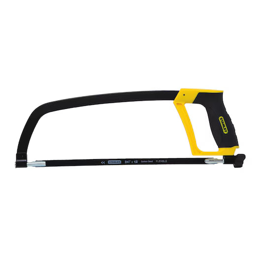 The STANLEY® Rubber Grip Hacksaw by STANLEY features a black and yellow ergonomic rubber handle, a sturdy metal frame, and is designed for precise cutting of metal or shaping plastic materials.