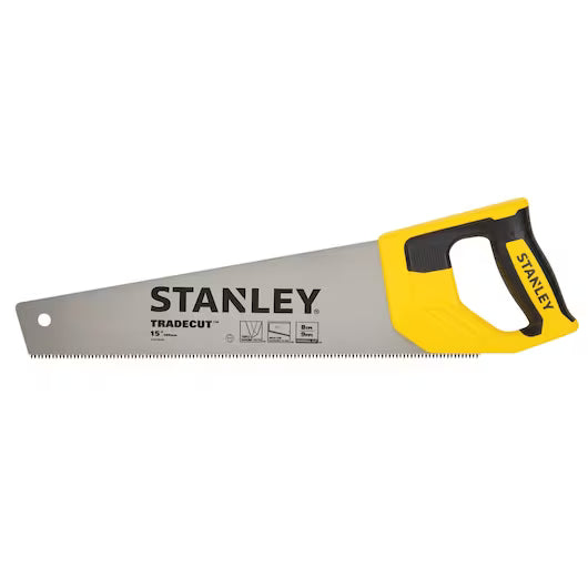 The STANLEY STHT20348 15 in TradeCut™ Panel Saw features a silver blade labeled STANLEY and a yellow and black ergonomic handle, designed for cutting wood.