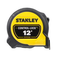 A yellow and black STANLEY 12 ft. CONTROL-LOCK™ Tape Measure is shown partially extended on a white background, showcasing its durable design and prominently featuring the brand name.
