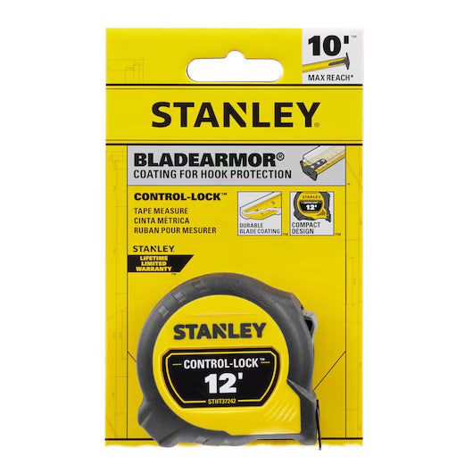 The STANLEY 12 ft. CONTROL-LOCK™ Tape Measure features a BladeArmor coating for hook protection, durable design, labeled 10-foot max reach, and comes in yellow and black packaging.