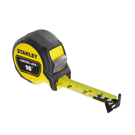 A yellow and black STANLEY 16 ft. CONTROL-LOCK™ Tape Measure with metal tape extended to 3 inches, showing its durable design.