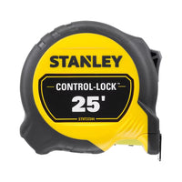 The STANLEY 25 ft. CONTROL-LOCK™ Tape Measure features a durable yellow and black design, offering reliable precision for measuring tasks.